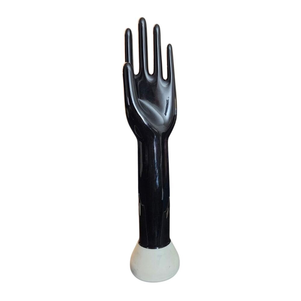 Vintage Black Ceramic Hand Ring Jewelry Display Holder White Base Mannequin